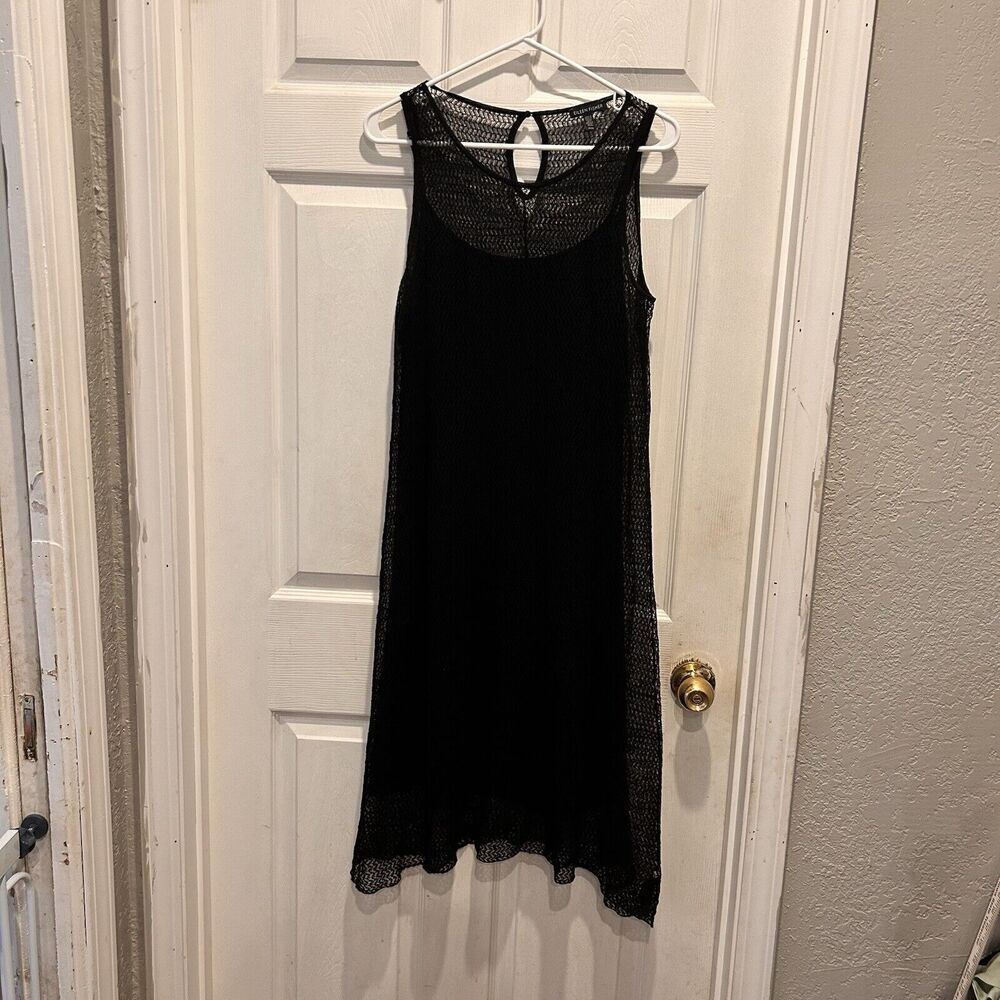 Eileen Fisher Sheer Hemp Herringbone Lace Crew Neck Dress Black Medium Slip